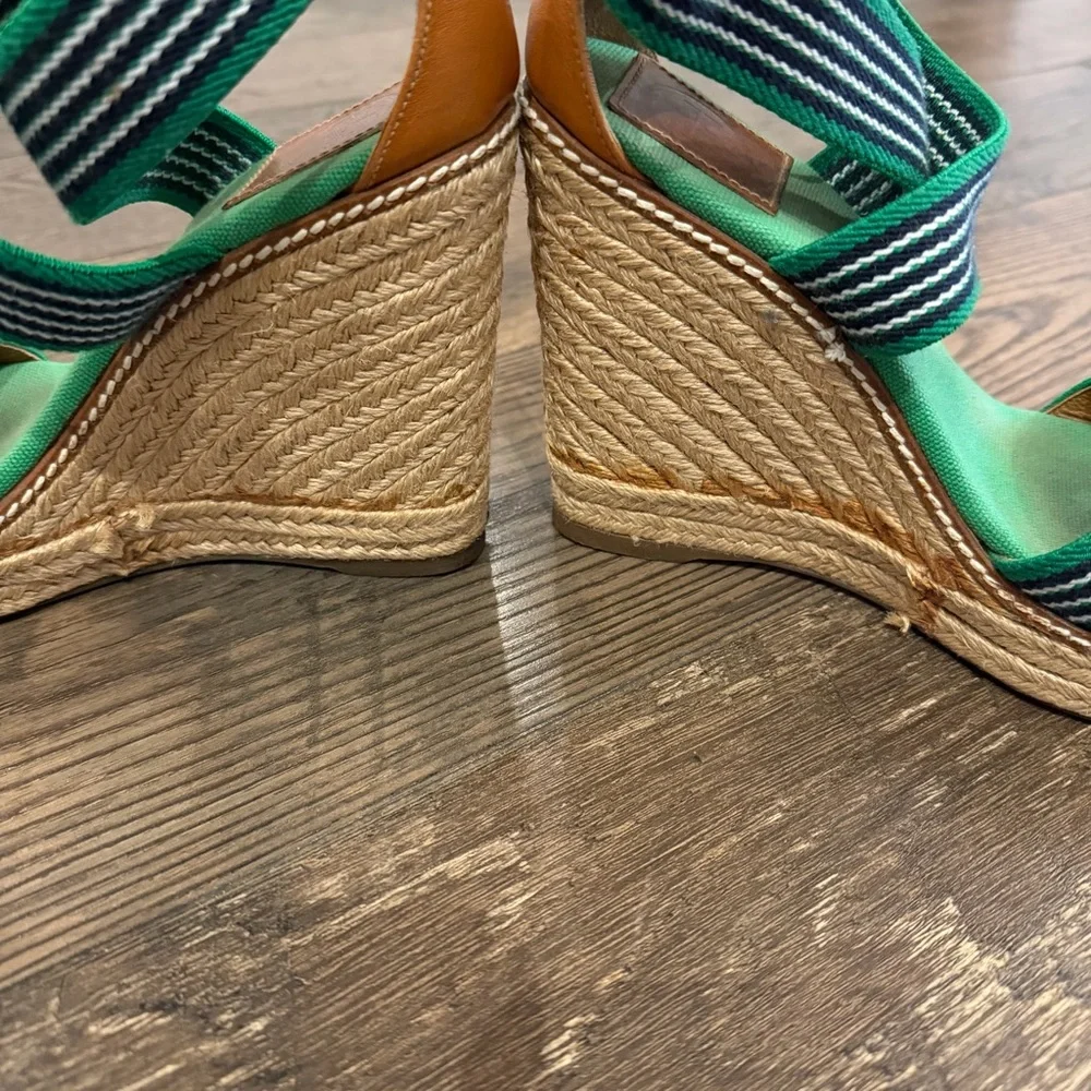 Tory Burch Frieda Women's Green/Blue Striped Espadrille Wedges‎ Size 7